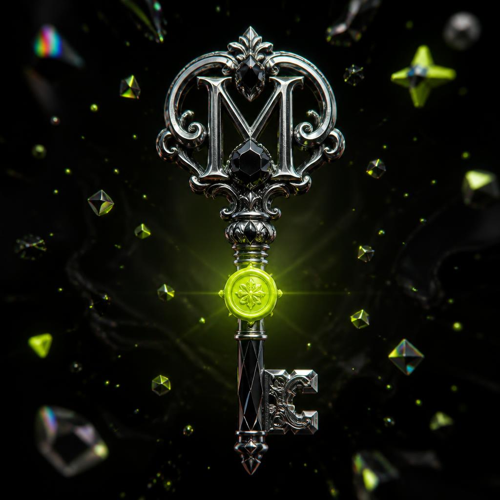 MerryVault Keyholder NFT artwork — cast-iron M-monogram key with a neon-lime wax seal on paper